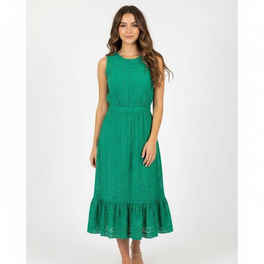 J.Crew Emerald Green Eyelet Midi Dress Ruffle Hem Resort Summer 100% Cotton 6